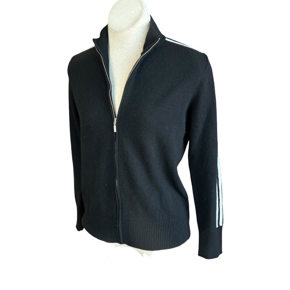 The Cashmere Project Cardigan Sweater Black White Shoulder Stripe Full Zip M